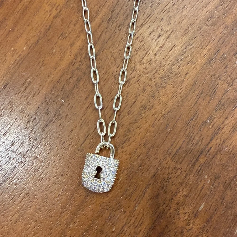 CZ Padlock Pendant Necklace in 14K Gold Plated NWT